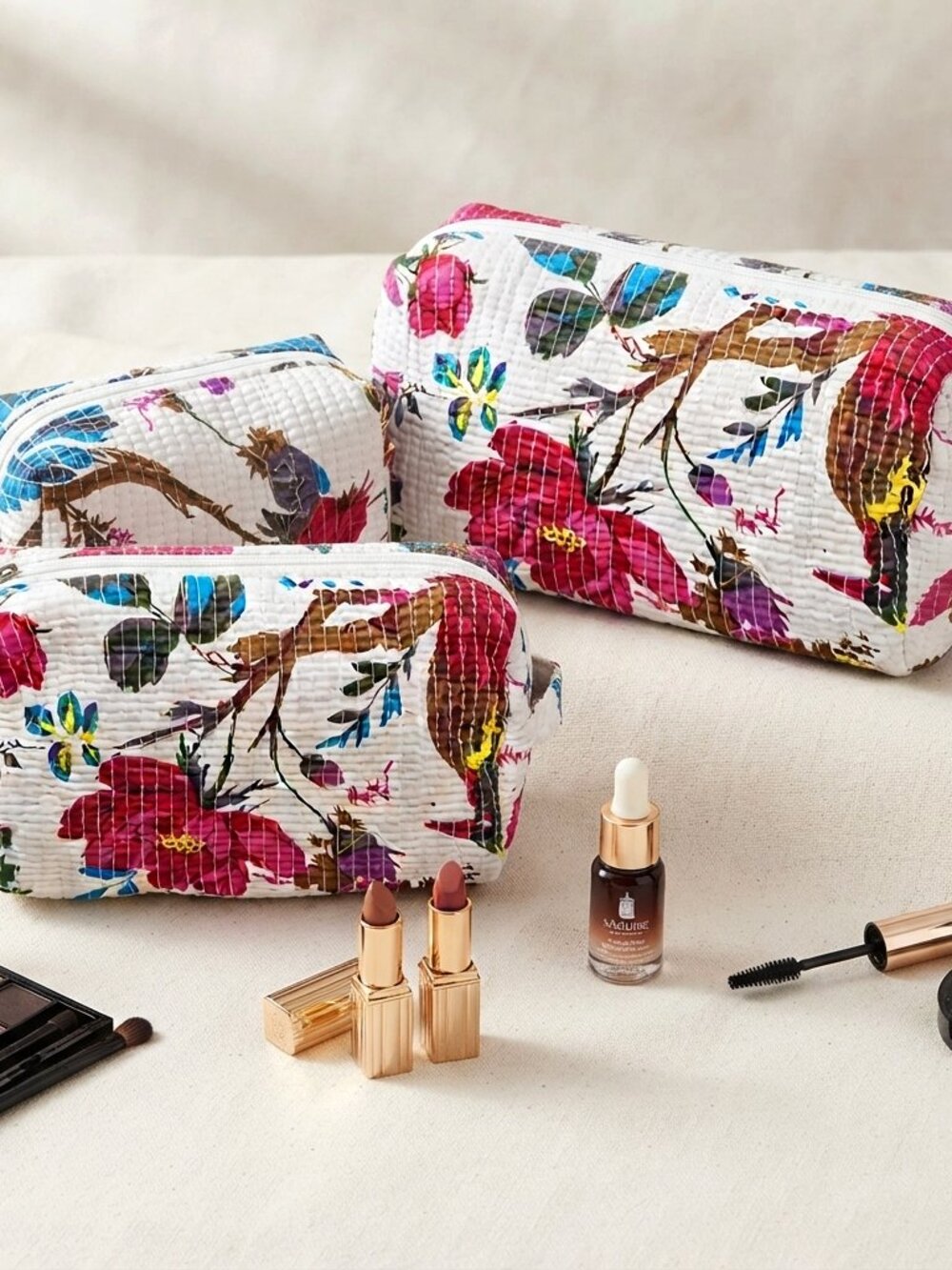 Set Of 3 Block Print Toiletry Bags, Cotton Makeup Bag, Cosmetic Bag Set Gift
